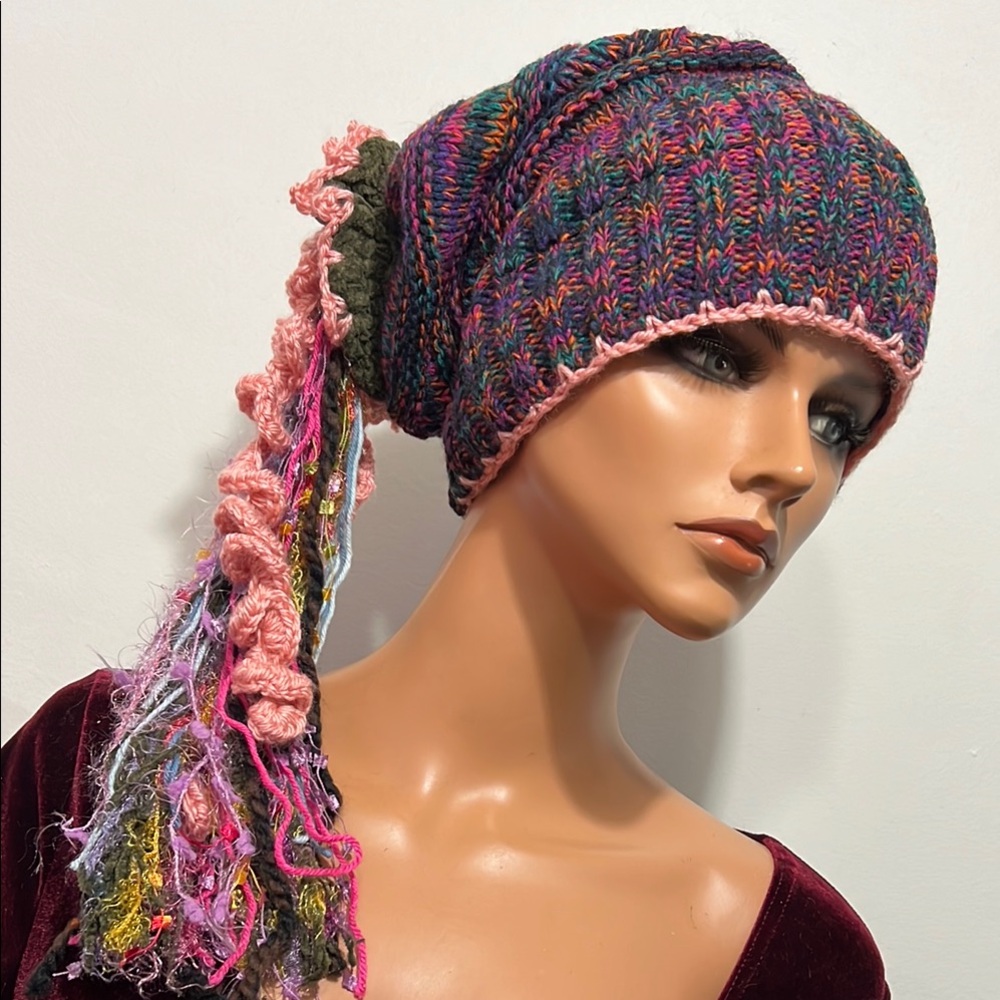 Multicolor Knit Slouchy Beanie with Pink Accents
